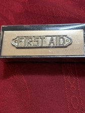 Vintage Gold Tone Metal Pull Out First Aid Travel Kit In  Original Box picture