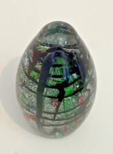 LARGE, HEAVY VINTAGE CASED IRIDESCENT GLASS PAPERWEIGHT WITH MILLEFIORI, 6” TALL picture