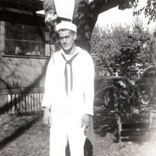 c1940s US Navy Sailor Dixie Cup Uniform Snapshot Photo 1930s Auto Yard Porch Vtg picture