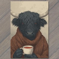 POSTCARD Highland Cow Bull Coffee Tea Mug Cozy Brown Robe Funny Animal picture
