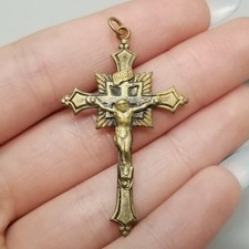 Vintage Radiant Crucifix Cross Pendant Bronze Color Metal Well Loved 1 1/2 Inch picture