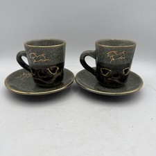 Japanese Somayaki Soma Ware Double Walled Gold Heart Cups And Plates - Set Of 2 picture