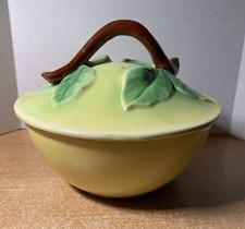 Belmar California Pottery Lidded Bowl 320 Yellow Vine Handle Vintage 40's picture