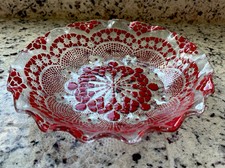 Vintage Ruby Red Lace Glass Bowl – 10” Scalloped Edge Dish picture