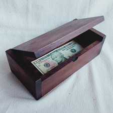Wooden Money Vintage Box 4x8x2.5 Inch Bank Coin Note Cash Storage Case Trinket picture