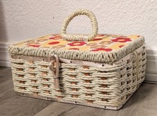 VTG DRITZ Scovill Japan Sewing Box Basket Woven Wicker Handled 8