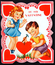 1930s VALENTINE CARD CUTE LITTLE GIRL AND BOY PLACING A HEART FOLD OUT USA VTG picture