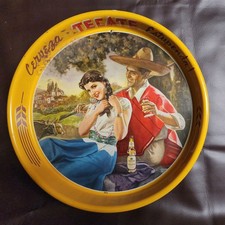 Vintage Cerveza Tecate Beer Tray Lovely Lady and Man in Poncho Circa  13 3/8