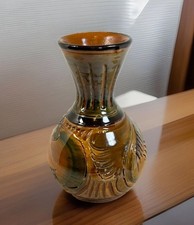 Studio Pottery Vase Carved Etched Glazed Brown Green Black 6