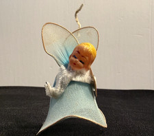 VTG Tiny Molded Head Blonde Angel w Blue Chenille Tulle Netting Wire Ornament picture