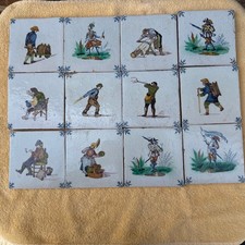 Lot Of 12 Antique Polychrome Delft Tiles Depicting Dutch People in Action, 1800s picture
