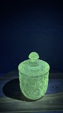 Antique Clear Uranium Glass Biscuit Jar EAPG Hobstar Diamond Glows Green W/ Lid picture