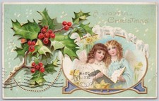 1911 Edwardian Christmas Postcard Two Angels Holly Icicles Embossed Springville picture
