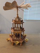 Vintage Wooden 3 Tier Christmas Pyramid Nativity Candle Carousel Windmill Spins picture