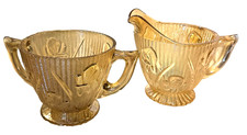 Jeanette Glass Iris & Herringbone Sugar Bowl & Creamer Marigold Carnival EUC picture