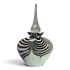 Vintage Iridescent Art Glass Pulled Feather Loop Perfume Bottle Black/White picture