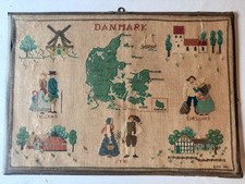 Vintage 1952 Denmark Copenhagen Embroidered Map Sampler Framed Folk Art 20.5” picture