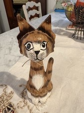 Vintage Hand Carved Wooden Cat 8” Signed Folk Art Sculpture Rustic Boho picture