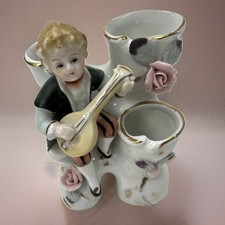 Vintage Ucagco Japan Porcelain Triple Bud Vase Colonial Boy Musician Lute 4.5