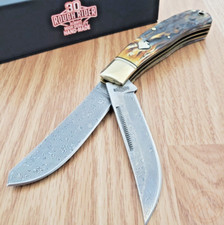 Rough Ryder Upswept Trapper Pocket Knife Damascus Steel Blades Bone Handle 2525 picture