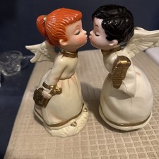 Vintage MCM Kissing Angel Figurines Music  made In Hong Kong Holiday Pair Angels picture