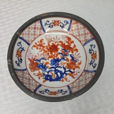 Hand Painted Canton Ware Porcelain Ashtray Japanese Mounted In Pewter picture