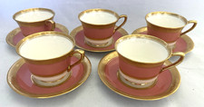 Antique Royal Worcester Pink, Gold & White Demitasse Cups And Saucers Set Of 5 picture