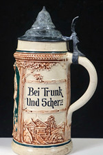 German Lidded Beer Stein Pewter Lid Relief Scene 