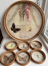 VINTAGE 1970's Butterfly Botanical Tray + Coaster Set Bamboo Interpur Taiwan 11