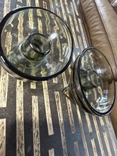 Vintage Smoke Gray Glass Candle Holders Pair MCM Footed Taper Holders 4.5” picture
