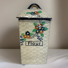 Antique Hotta Yu Shoten Basketweave Flour Canister Majolica Blossom Japan 1920s picture