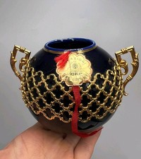 Vintage Italian Cobalt Porcelain Vase Gold Lattice Creazioni Firenze Decor picture