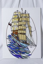 Vtg 1999 Artist Signed Paul Dowgiert Stained Glass Art Ship On Waves Nautical picture