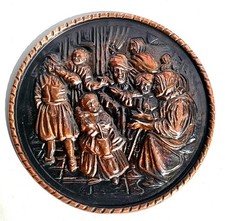 2 VTG MCM EMBOSSED COPPER WALL ART PLAQUES Dutch Tavern Village Scene 8” picture