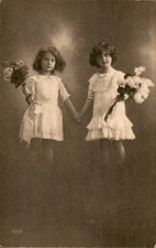Two young, girls holding hands and bouquets of flowers - Vintage Postcard, Child picture