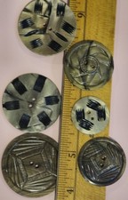 Vintage Art Deco Carved Geometric Black & Olive Plastic Buttons Lot of 6 picture
