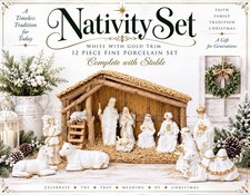 VTG (12) Piece White W/ Gold Trim Fine Porcelain Nativity Set W/ Large Stable picture