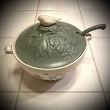 Pfaltzgraff Naturewood Soup Tureen Lid Ladle 3pc Bird Finial Rare Discontinued picture
