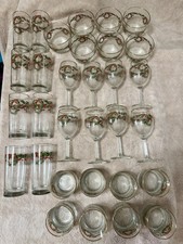 Vintage Holly & Berry Christmas Glassware Set, 31 Pieces, Gold Rim picture