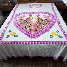 VTG Double/Queen Peacock Purple Pink Flowers Chenille Bedspread Size  picture