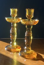 Vintage Crystal Candlestick Candle Holders Yellow Amber Crystal Glass picture