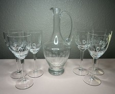 Vintage Toscany Romania Etched Glass Wine Set Decanter Pitcher & 6 Stem Glasses picture