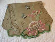 Vintage Dresser Scarf, Intricate Embroidery Design, Flowers, Butterflies, Linen picture