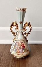Victoria Carlsbad Austria 2 Handled Porcelain Bud Vase 9.5” Courtship Scene picture