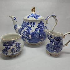 Sadler England Willow Tea Pot 3-Piece Set Cream Sugar Blue Gold Vintage Japan picture