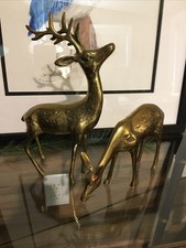Vintage SET 2 Brass Deer Figurines Buck and Doe Reindeer Holiday Decor picture