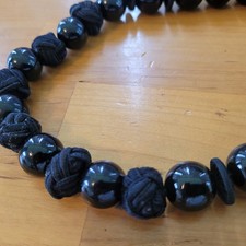 Vintage Hawaiian Black Kukui Nut Lei Necklace Polished Ribbon Tie Luau picture