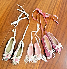 3 Pair Vintage Porcelain & Fabric Pink Hang Ballet Slippers Shoe Dance Ornaments picture