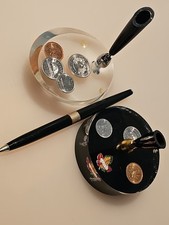 Vtg Canadian Coin Lucite Desk Pen Holder Set (2) Retro Acrylic Paperweight MCM picture