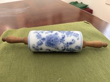 Vintage Porcelain Barrel/Wood Handled Rolling Pin Floral Blue Onion Motif 14.25 picture